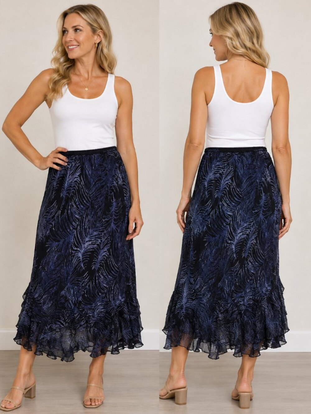 Style & Co Women Blue Abstract Print Midi Skirt Size 10 Ruffle Hem Pull-On Flowy